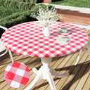 Smiry Round Picnic Tablecloth, Elastic Waterproof Fitted Vinyl Tablecloths for 31"-35" Tables, Flannel Backed Buffalo Plaid Table Cover for Dining, Camping, Outdoor, White and Red