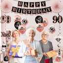 90th Birthday Decorations for Women, 33pcs 90th Crown and Sash, Black Rose Gold Happy 90th Birthday Banner Balloons Backdrop Hanging Swirls Paper Fans, 90 Years Old Bady Decorations Kit