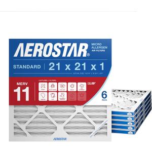 Aerostar 21x21x1 MERV 11 Air Filter, 6 Count, ACTUAL SIZE (20.88 x 20.88 x 0.75), HVAC, Air Conditioning & Furnace Filter for Dust, Pet Dander, Smoke & Allergies (MPR 1200 / FPR 7), Made in USA