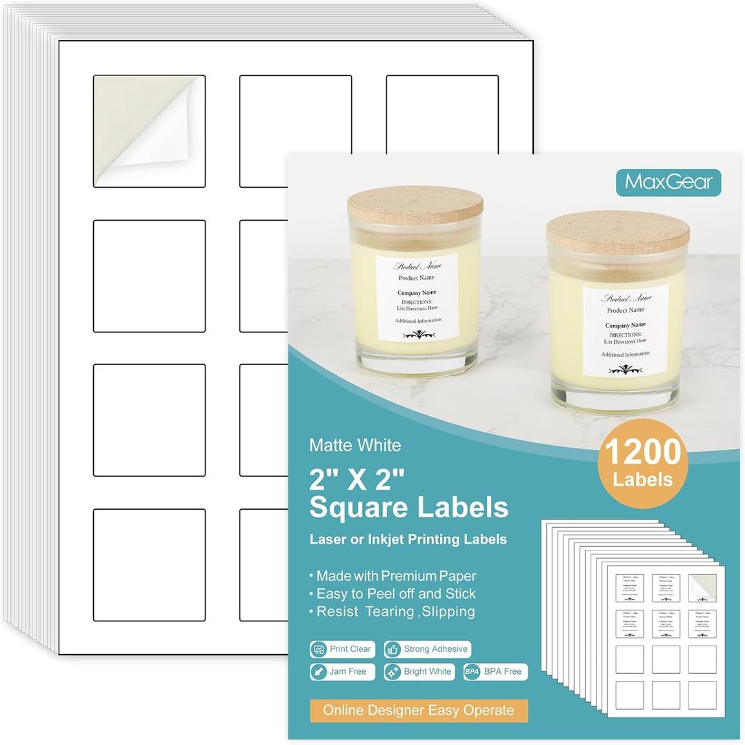 MaxGear 2" x 2" Square Labels, for Inkjet or Laser Printer, Matte White Printable Sticker Labels Sheets, Strong Adhesive, Dries Quickly, Holds Ink Well, 1200 Pcs