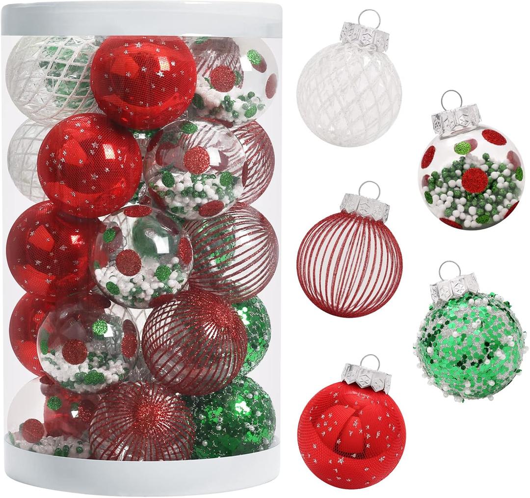 JIALEIXI 25PCS Christmas Ornaments Set, 2.36"/6CM Assorted Clear Plastic Shatterproof Ball Hanging Ornaments for Xmas Tree Decorations, for Indoor Home Holiday Decor - Red/Green/White.