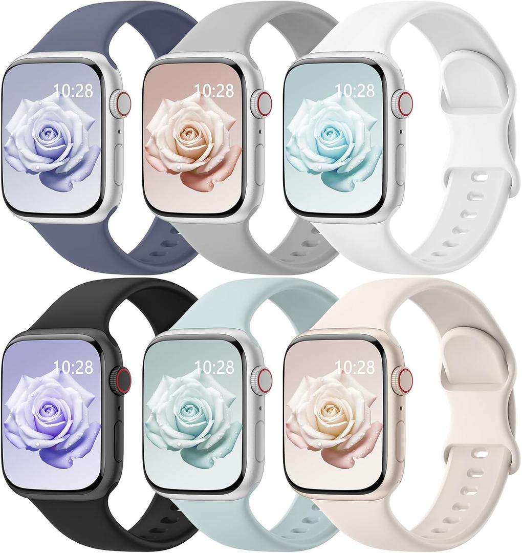 6 Pack Sport Bands Compatible with Apple Watch Bands 38mm 40mm 41mm 42mm 44mm 45mm 46mm 49mm for Women Men, Soft Wristband Silicone Sport Strap for iWatch Bands Series 11 10 9 8 7 6 5 4 3 2 1 Ultra SE