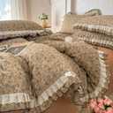 VM VOUGEMARKET Cotton Muslin Duvet Cover Queen Vintage Tan Floral Bedding Set with Ruffles,Soft,Breathable Linen Like Gauze Comforter Cover with Zipper Closure 90"x90"