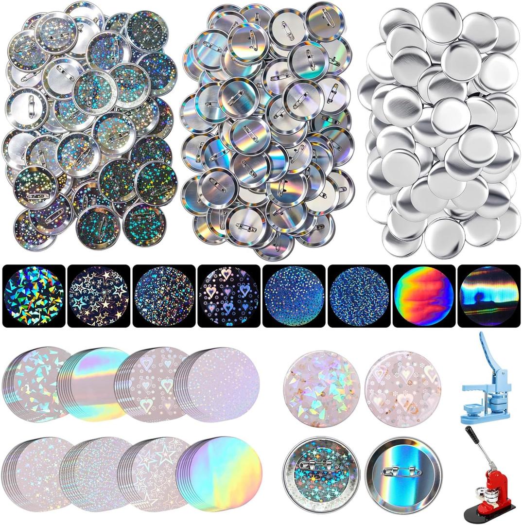 200 Sets 2.25 Inch 58mm Button Maker Supplies for Pin Maker Machine Kit Including 200 Holographic Sparkling Films, 100 Laser Back 100 Starry Back and 200 Shell for Button Press