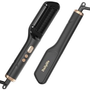DAILYLIFE Hair Straightener, Straightening Brush with Oil-Infused, Ionic Straightening Tool 20s Fast Heating, 9 Temps, LCD Display Hot Comb, Dual Voltage Flat Iron, Black