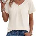 Falechay Women's Blouses Summer Short Sleeve Boho Tops V Neck Pleated Casual Flowy Loose Fit Cute Basic Tunic, Size 2XL