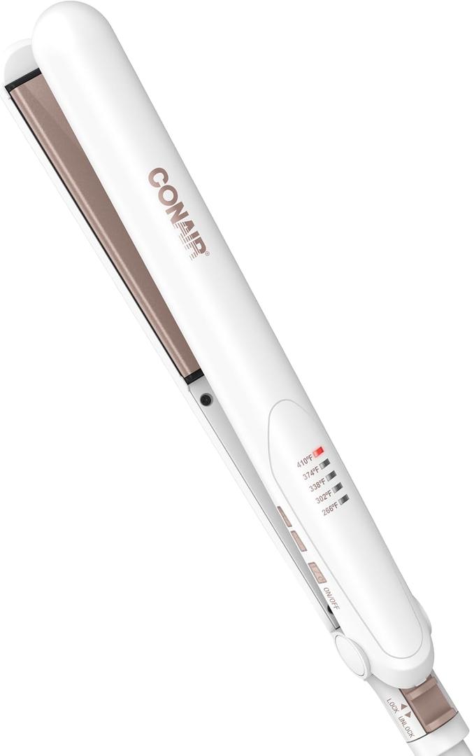 Conair Double Ceramic Flat Iron, 1-Inch Flat Iron Hair Straightener, Five Heat Settings, Extra Long Floating Plates, White