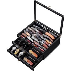 Large Knife Display Case, Large 3-Tier Wooden Pocket Knife Organizer with Glass Lid & Drawers, Storage Box for Folding Knife Collections, Ideal Men's Gift(Black)