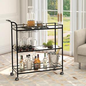 Alihdrna Black Bar Cart, Home Bar Serving Cart with Handle, Wine Cart with 3-Tier Glass Shelves, Beverage Cart with Wine Rack and Glass Holder, Bar Carts for The Home, Dining Room, Living Room