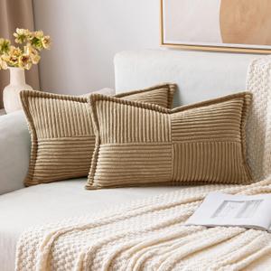 MIULEE Decorative Lumbar Throw Pillow Covers for Couch Bed Livingroom 12x20 Inch Set of 2 Khaki Boho Accent Throw Pllows Broadside Striped Patchwork Soft Corduroy Pillowcases 