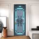 Sci-Fi Spaceship Door Mural Decal 30.3178.74in Peel and Stick Door Covers Decorative Sticker for Door, Futuristic Space Station Wall Art Home Decor