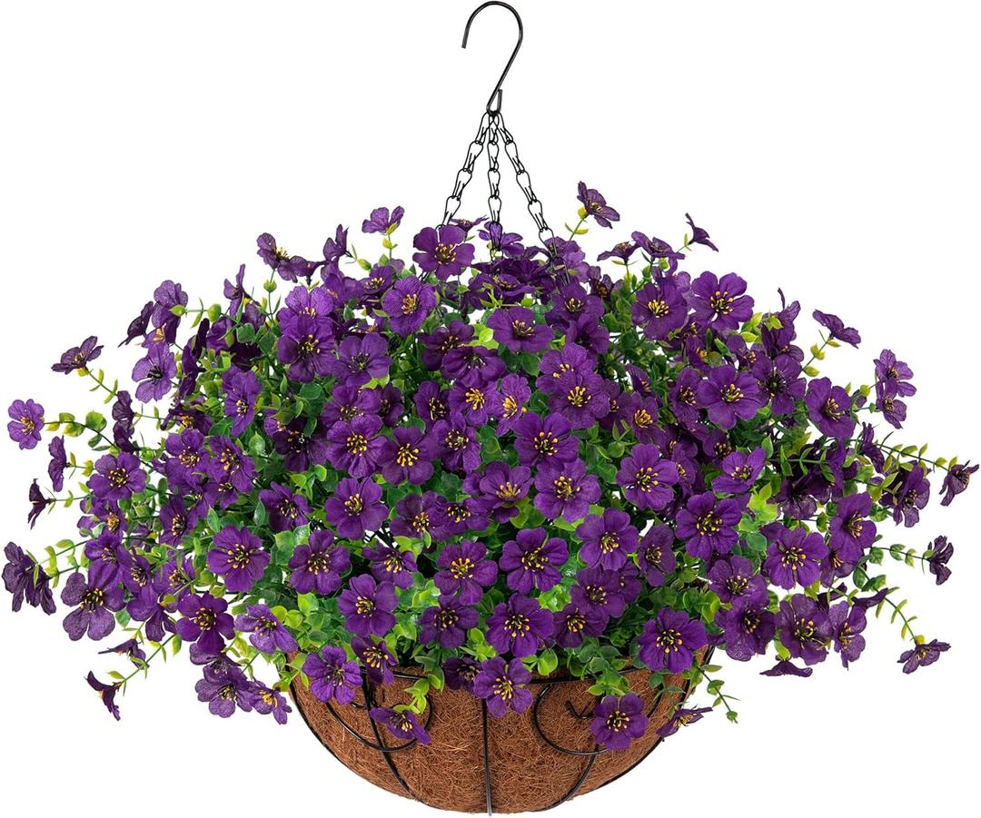 Artificial Fake Hanging Plants Flowers with Basket Outdoor Decor Faux Silk Dasiy Flower Arrangements in Pot Planter for Porch Home Indoor Patio Garden Yard Decoration (Purple 2)