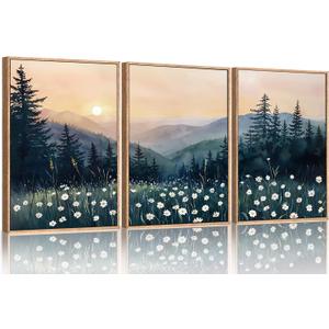 KAIRNE Mountain Landscape Wall Art Set of 3, Misty Pine Tree Canvas Prints, Nature Forest Scenery Home Decor for Living Room, Bedroom, Office, 16x24inch