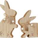 DN DECONATION Easter Bunny Decor Set, 2-Pcs Wooden Rabbit Figurines with Feather & Bead, Rustic Farmhouse Tabletop Centerpiece for Spring Mantel Shelf Home Office Indoor Decorations (Brown and White1)