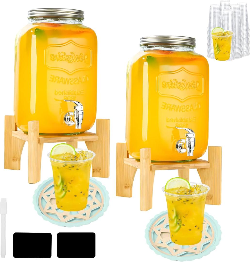 2 Set 2.2 Gallon Upgraded Plastic Drink Dispensers for Parties, Anti-Blocking Beverage Dispenser with Stand for Lemonade Juice Water