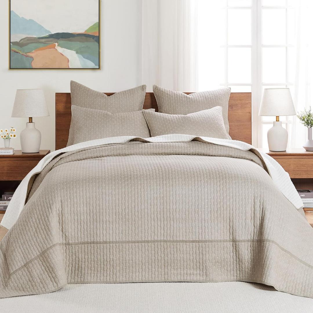 Levtex Home - Cross Stitch Taupe Bedspread Set - Queen Quilted Bedspread and Two Standard Shams - Cross Stitch Pattern - Bedspread (104X106in.) and Sham (20x26in.) - Cotton