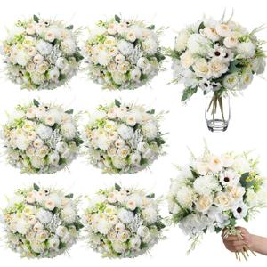 Tigeen 6 Bundles Artificial Bouquet Flowers Artificial Peonies Faux Roses Silk Flowers Hydrangea Bouquet for Wedding Table Centerpiece Floral Vase Decor(White)