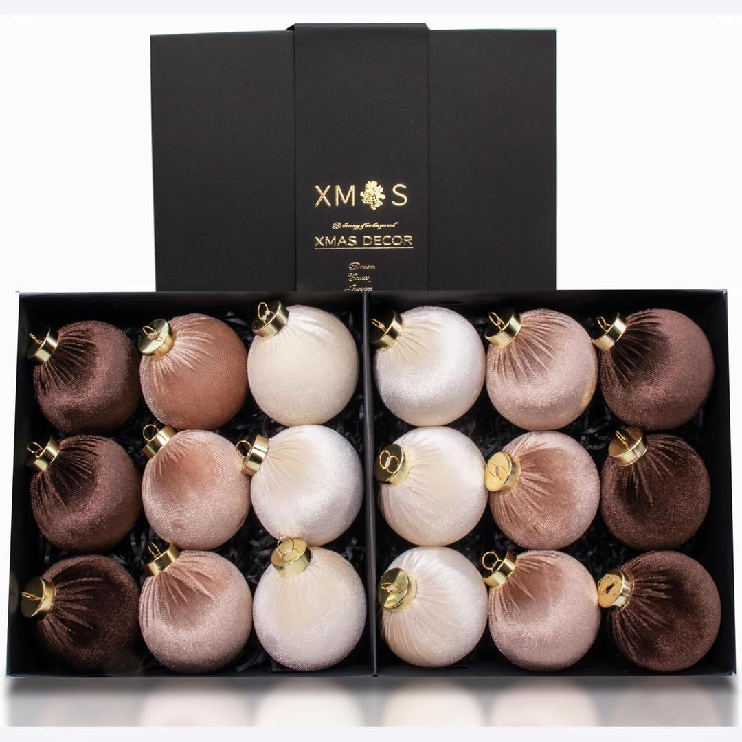 18PCS Velvet Christmas Ornaments  Large Matte Flocked Shatterproof Baubles for Xmas Tree Decoration, Neutral Hanging Ornaments for Holiday Home Dcor (Dark Light Brown, Cream White, 3 Inch / 8 cm)