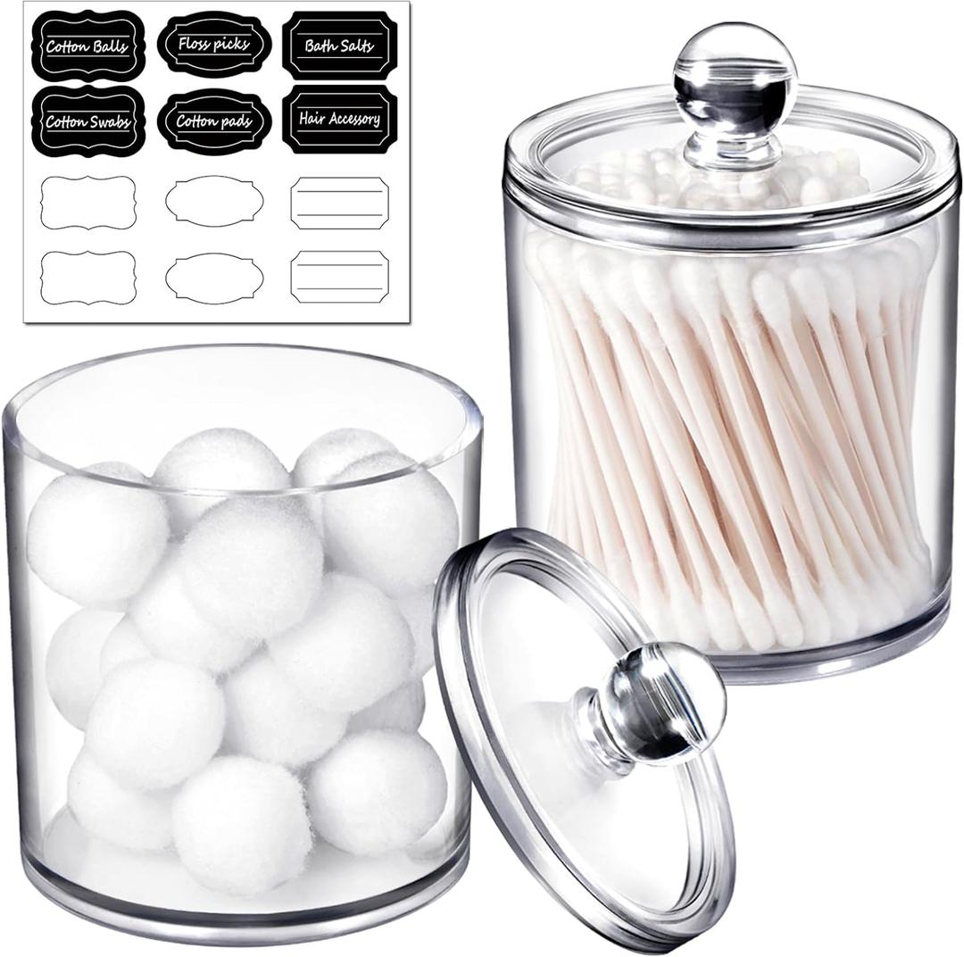 SheeChung Clear Acrylic Qtip Holder with LabelsShatterproof Plastic Apothecary Jars for Bathroom OrganizationVanity Cotton Swab Holder Canisters for Cotton Balls, Pads, Floss Picks-Minimalist Decor (Clear-2pack-10&10oz)