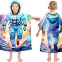 Gooddooes Kids Hooded Beach Towels Wrap for 4-12 Years,Cute Astronaut Theme Boys Swim Cover Up for Bathroom27"x33" Quick Dry Blue Bath Towel Poncho,Perfect for Travel Vacation,Pool Party,Swimming (W27"xH33")
