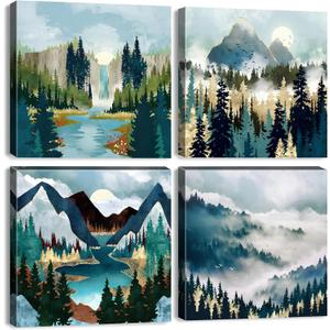 Abstract Nature Wall Art Boho Mountain Forest Pictures Living Room Wall Decor Watercolor Teal Green Mistry Landscape Canvas Painting Modern Geometric Artwork Bedroom Bathroom Home Decoration 12x12" 4P
