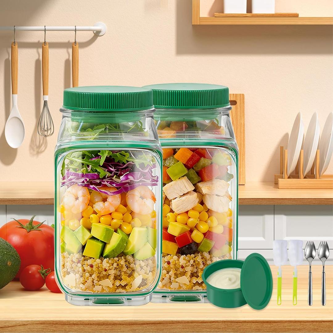 Side-Opening Mason Salad Jar, Portable 1000ml Salad Container with Leakproof Dressing Cup, Includes Spoon and Cleaning Brush, Perfect for Meal Prep, Gym, Office, Picnic and Travel(2 Pac)