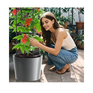 DoCred Self Watering Tomato Planter with Trellis, Large Flower Pot with Water Level Monitor, Round Garden Planters Plant Pots for Outdoor & Indoor Plants Flowers Decor, Gray