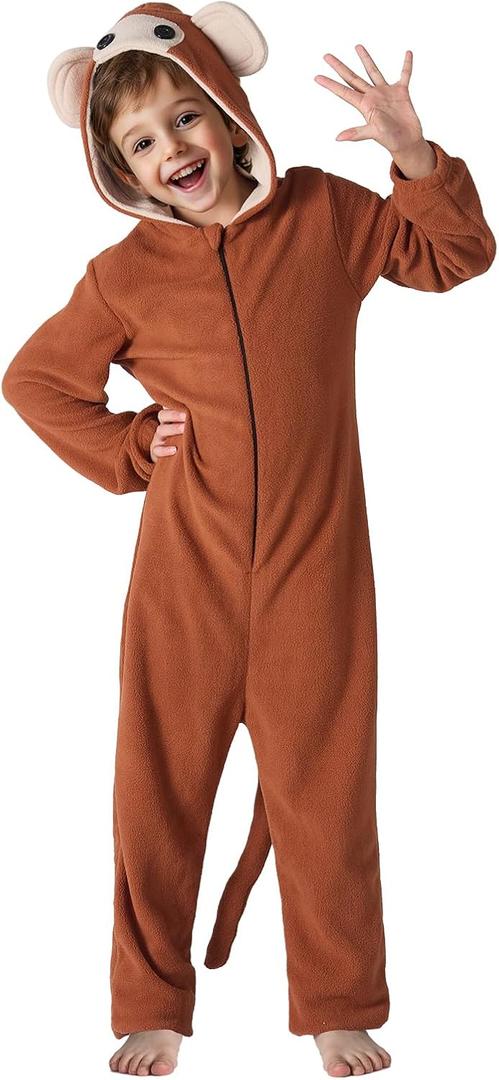 Kids Monkey Onesie Pajamas - Flannel Hooded Animal Jumpsuit Sleepwear for Boys Girls, Halloween Costume & Cosplay (4-6 T)