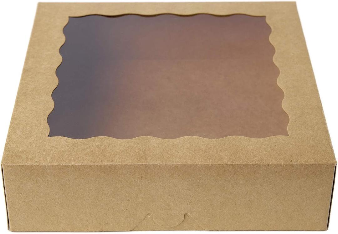 ONE MORE [25pcs] 9inch Kraft Brown Bakery Boxes, Large Pie Boxes with PVC Window Natural Disposable box for Cookie 9x9x2.5inch,25 of Pack