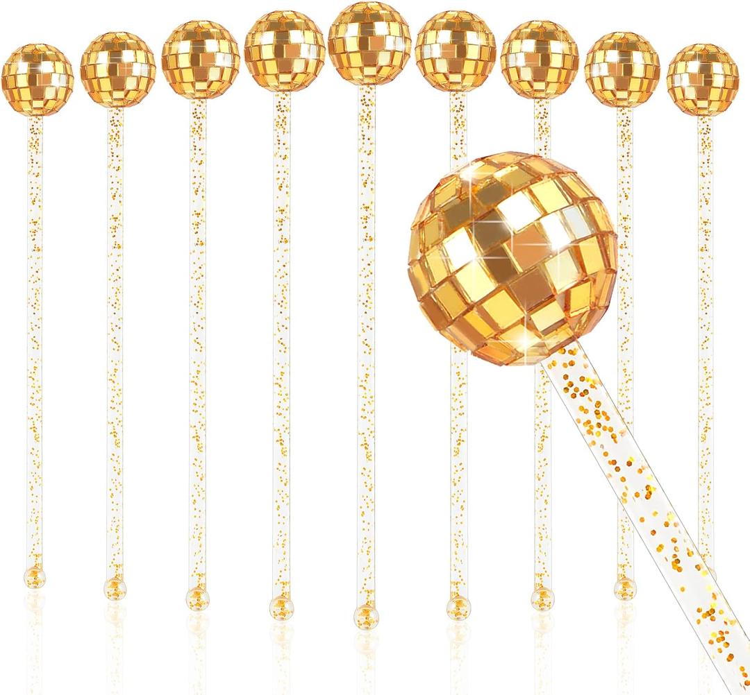 10 Pieces Gold Drink Stirrers Cocktail Disco Balls Cocktail Stirrers Disco Ball Swizzle Sticks Glitter Drink Stirrers for Last Disco Bachelorette Party Wedding Bar 7.4 Inches Long