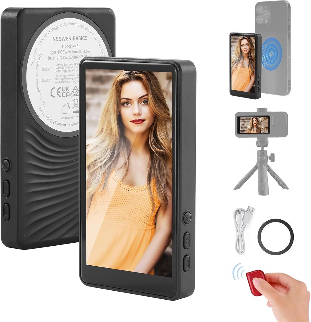 NEEWER Basics 4" Magnetic Vlog Selfie Monitor Screen, Wireless Phone Back Camera Monitor with Remote/1500mAh for YouTube TikTok, NOT Compatible with iPhone 17 Google Phone/4K Video Recording, M4B
