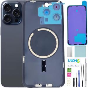LNONLS 15 Pro Max Back Glass Replacement for iPhone 15 Pro Max Rear Back Cover Glass Waterproof and Camera Lens+Professional Repair Tool Kit (Blue Titanium)