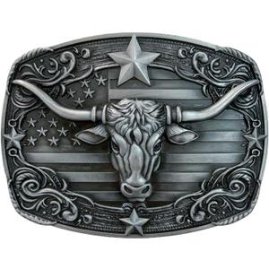 Western Belt Buckles for Men Cowboy Belt Buckle American Flag Belt Buckles Longhorn bull Silver