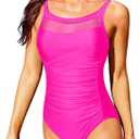 Tempt Me Women One Piece Mesh Swimsuits Tummy Control Swimwear (Small, Hot Pink)