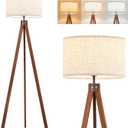 ELYONA Solid Wood Tripod Floor Lamp with 3 Color Temperatures LED Bulb, Mid Century Modern Reading Standing Light Nature Linen Shade Tall Night Light for Bedroom Living Room Office Study Room, Brown
