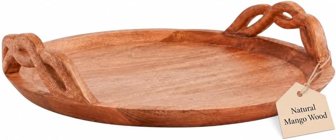Mud Pie Round Mango Wood Serving Tray with Braided Handles, 18 Inch
