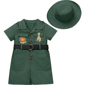Wild One Birthday Outfit Girl Short Sleeve Safari Jumpsuit with Safari Hat Baby Safari Outfit Zookeeper Toddler Jungle Safari theme Photo Shoot Outfits Dark Green 18-24 Months