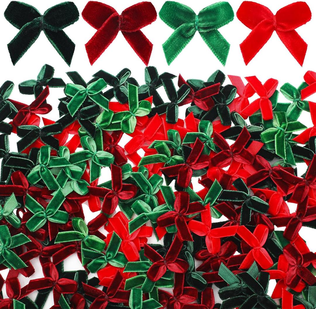 300 Pcs Mini Christmas Bow Christmas Velvet Bows for Crafts 1 Inch Ribbon Bowknot Ornament for Sewing Scrapbooking Gift Wrapping (Plain, Red, Green, Dark Red, Dark Green)