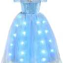 Acecharming Princess Costume for Girls Light Up Cinderella Dress Blue Fancy Dress for Kids Birthday Party Cosplay Halloween