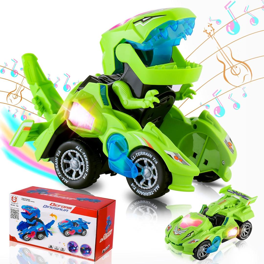 Hirger Transforming Dinosaur Car Toy for Kids, Auto Transformer Monster Truck Toys with Light & Sound for Toddler 1 2 3 4 5 Year Old, Birthday Gifts for Boy, Christmas Stocking Stuffers (Green)
