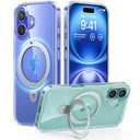 TORRAS Magnetic for iPhone 16 Case with Stand, Built-in Stand Compatible with MagSafe, 3X Military-Grade Protection, Translucent Slim Phone Case for iPhone 16 6.1'', Crystal Clear