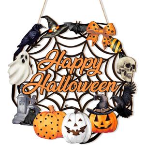 Halloween Decoration Wooden Ghost Door Wreath for Front Door Sign Wall Signs, Pumpkin Bat Black Cat Happy Halloween Sign Hanging for Home Wall Decor Halloween Party Outdoor indoor Supply