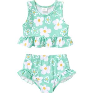 YOUNGER TREE Toddler Baby Girls Summer Swimsuit Sleeveless Striped Swimwear Two-Piece Suit Beach Bikini (4-5T, Green Floral Swimsuit)