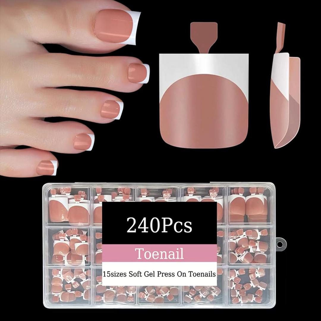 240Pcs Toe Press on nails, Short Square Brown Toe Nail Press Ons for Women in 15Sizes, French Tip False Toenails Extension, Soft Gel Toe Nail Tips, Acrylic Full Cover Fake Toenails for Girl