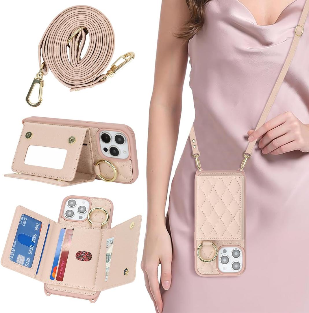 for iPhone 13 Pro Max Case with Card Holder and Strap for Women,Crossbody Lanyard, Make Up Mirror,Ring Stand,Snap Clasp,Cute Phone Wallet Cases 6.7 inch - Rose Gold