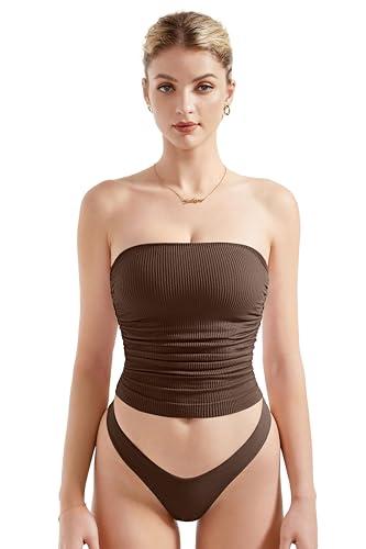 SUUKSESS Women Summer Ribbed Going Out Trendy Tops Ruched Sexy Strapless Tube Tops (Brown, M)