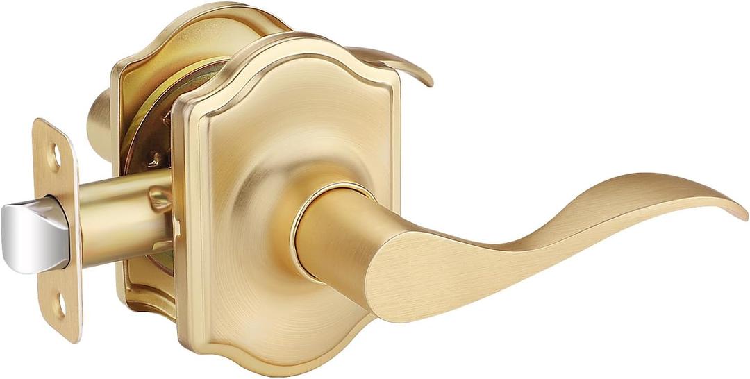 EHOMEWARE 1 Pack Interior Gold Door Handles, Keyless Closet Door Knobs, Passage Door Knobs No Lock, Wave Style Lever Door Handle, Reversible for Left/Right Handed Doors, Satin Brass Finish