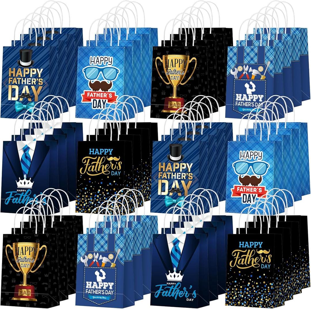 Sinload 24 Pcs Fathers Day Party Gift Bags Happy Father's Day Paper Bags with Handles Dad Treat Goodie Present Boxes Blue Black Party Supplies for Dads Men Anniversary Birthday Decor
