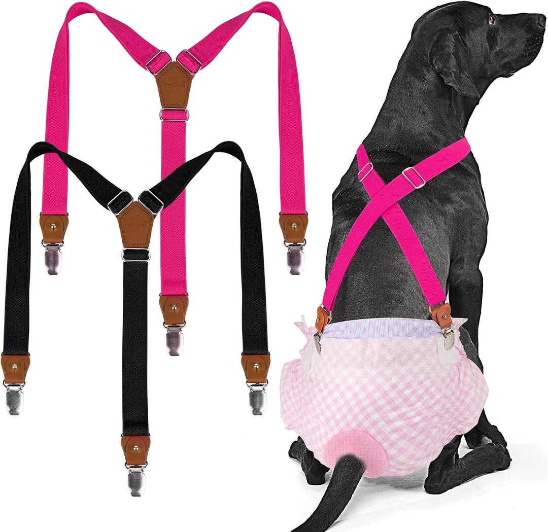 Pet Soft Dog Suspenders 2 Pieces Female Dog Diaper Suspenders for Dogs Diaper Keeper Suspender for Dogs Skirt, Dress, Diapers (Black & Pink, M/L)