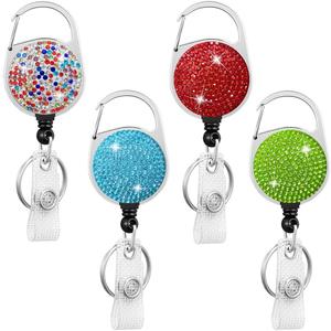 HASFINE 4 Pack Sparkly Rhinestone Badge Reel Retractable ID Badge Holder with Rotating Carabiner Belt Clip & Key Ring for Work Staff, Nurse, Student, Teacher(Colorful, Purple, Aqua Blue, Green)